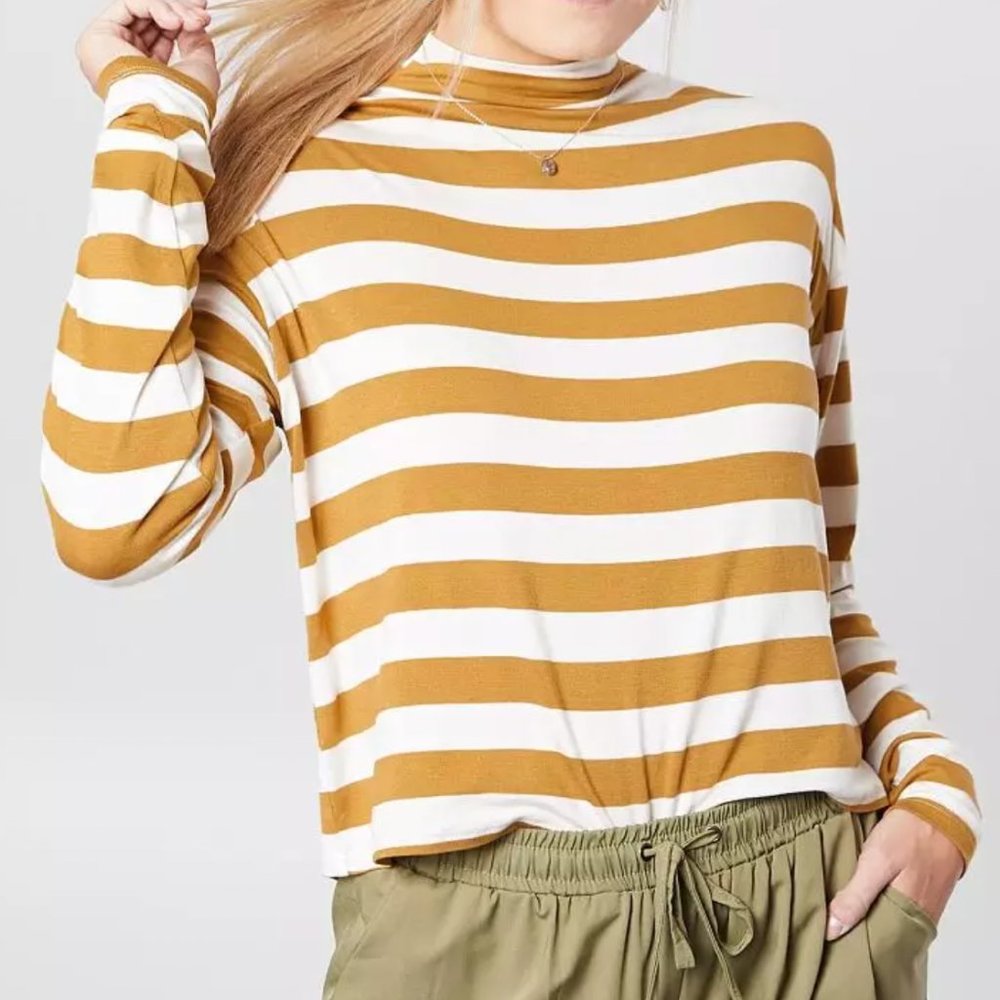 BKE Buckle Small S Mustard Yellow White Striped Soft Knit Mock Neck Crop Top